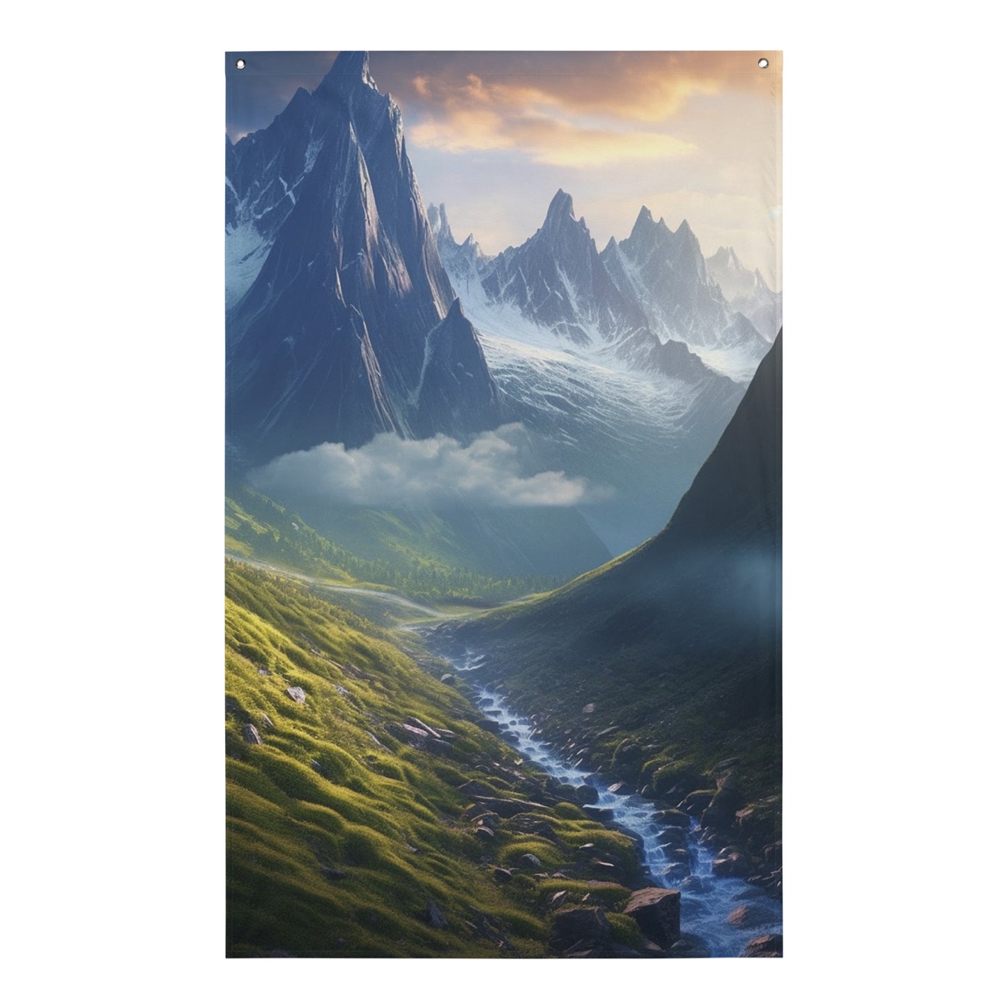 "Cloudy Mountains with River" Vertical Flag