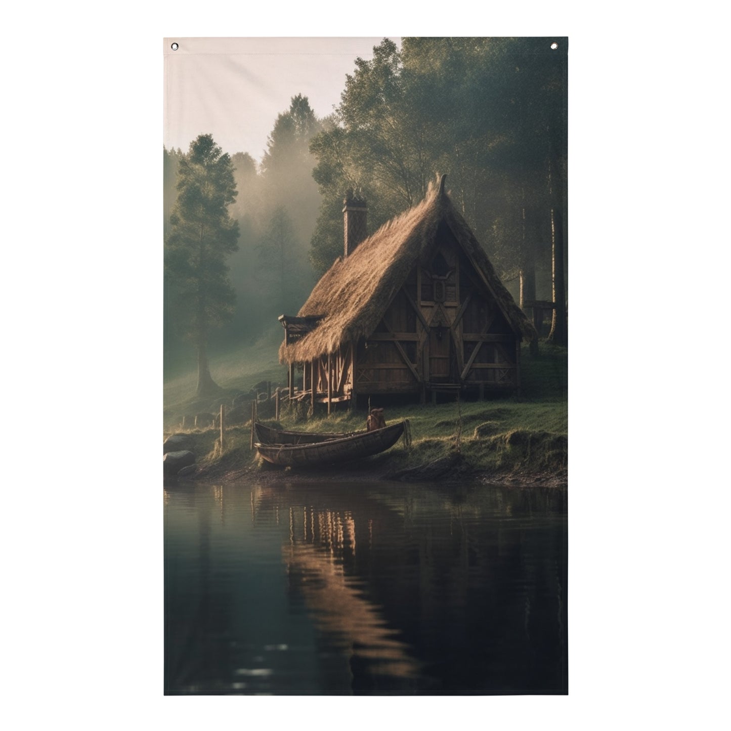 "Remote Cabin on River" Vertical Flag