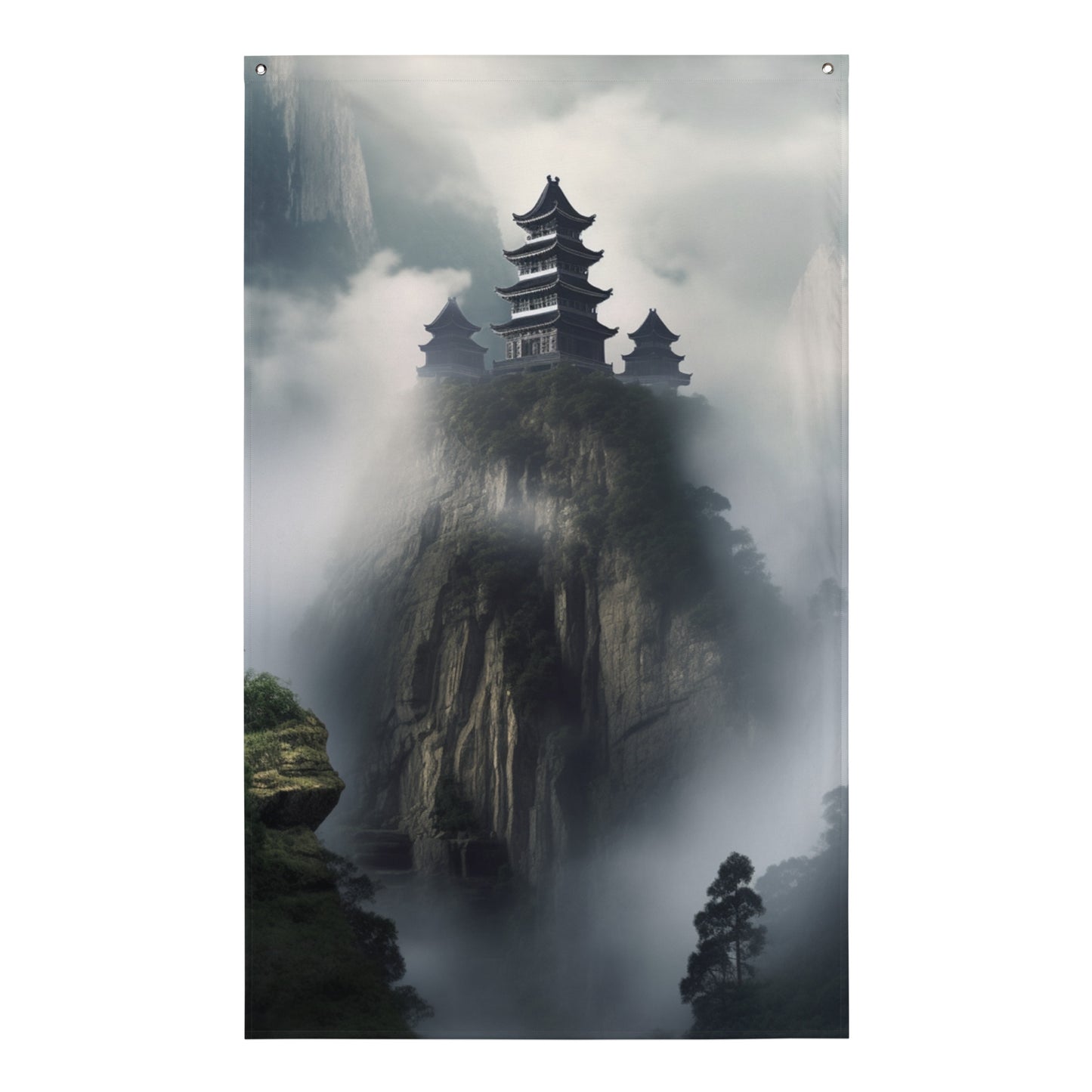 "Temple on Mountain" Vertical Flag