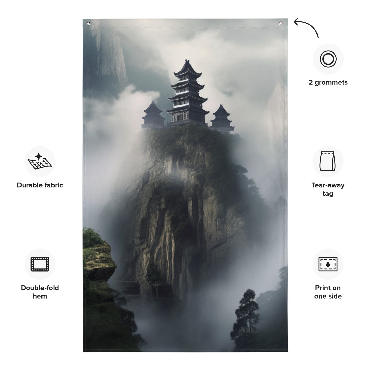 "Temple on Mountain" Vertical Flag