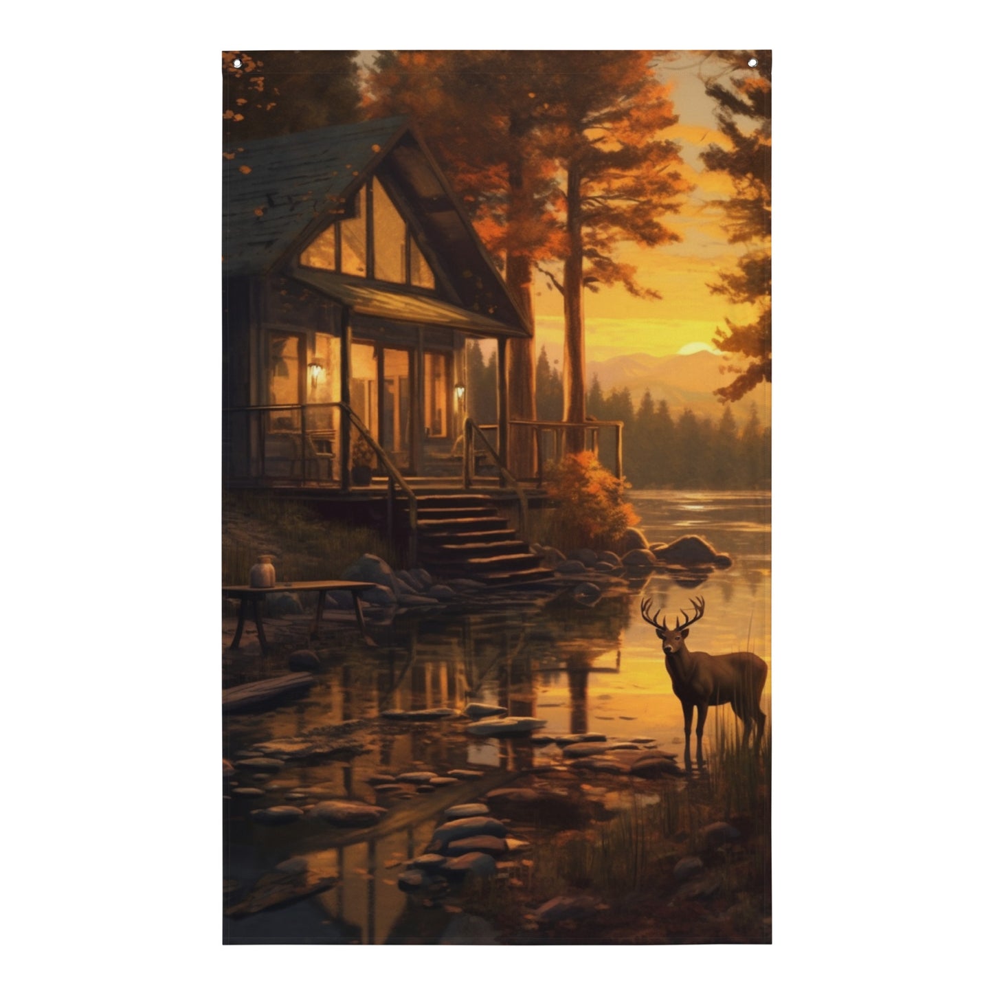 "Log Cabin by Lake" Vertical Flag