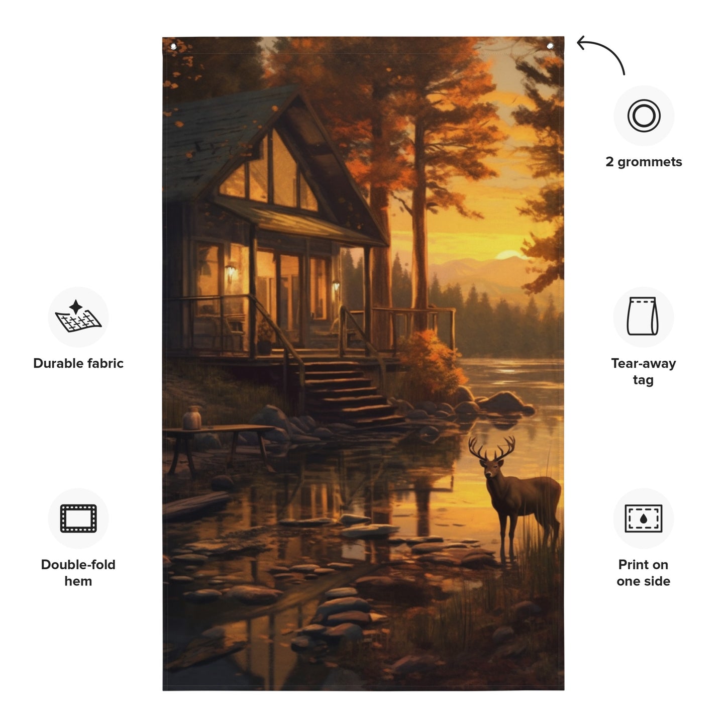 "Log Cabin by Lake" Vertical Flag