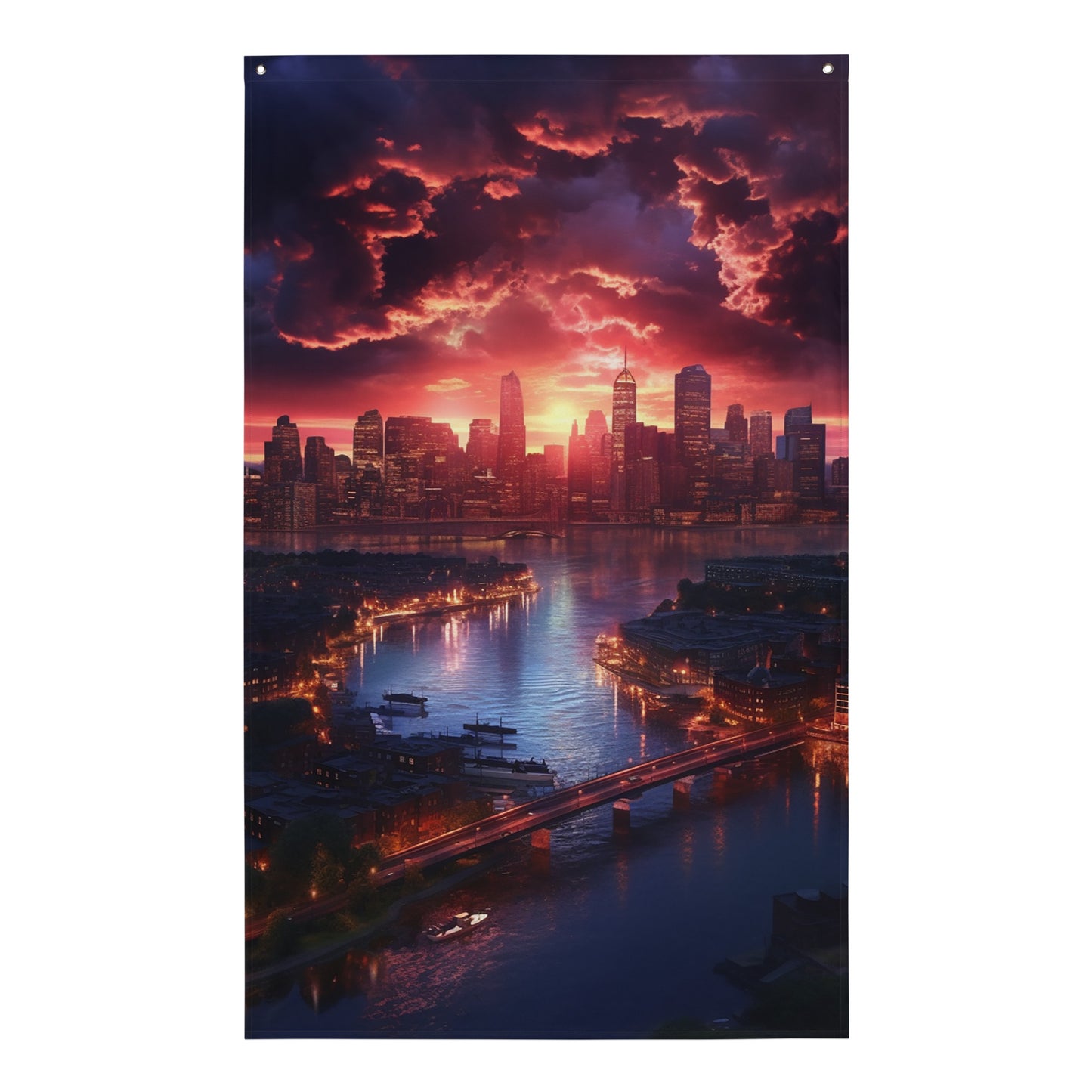 "Sunset Over a City" Vertical Flag